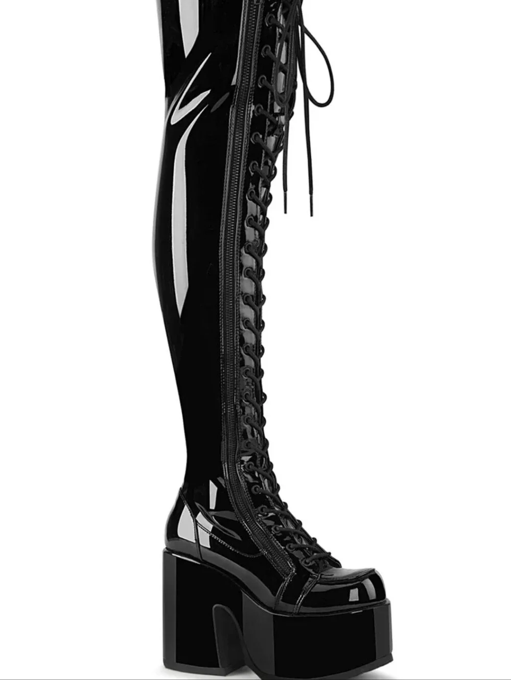 Demonia Camel 300wc High-Shine Black Patent Platform Knee-High Boots